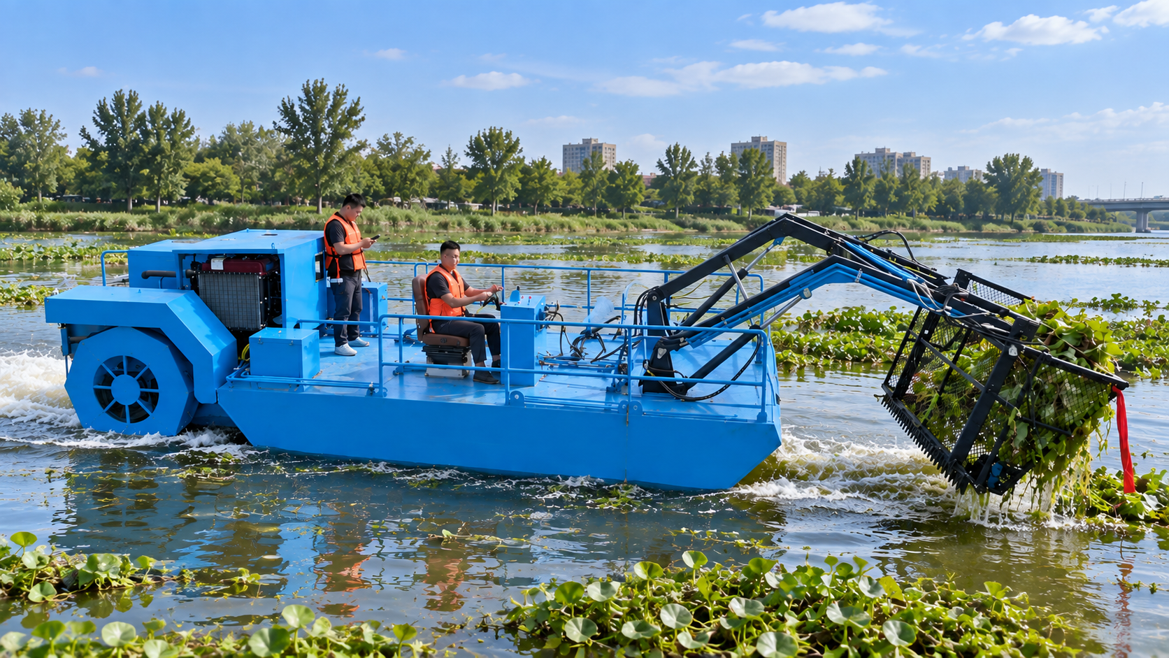 Aquatic work boat operating in a waterway